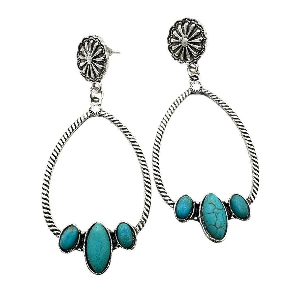 Western Style Silver Tone Chandelier Pierced Earrings Blue Faux Turquoise 2.5"